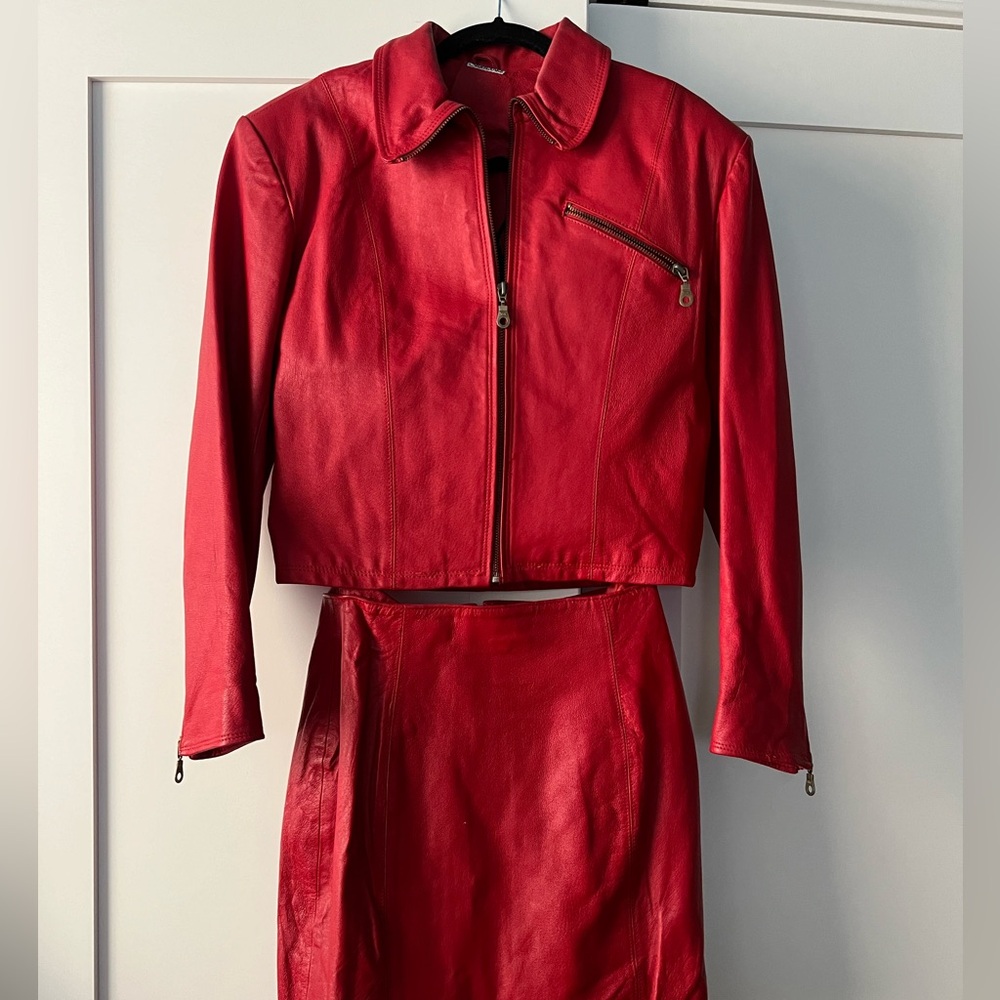 Vintage 80s Leather Jacket and Skirt Set in Cherry Red